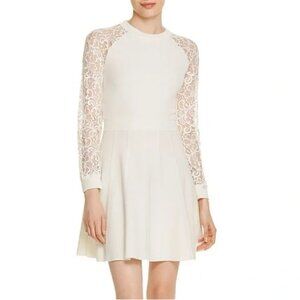 Alice + Olivia Knit Lace Fit & Flare Dress Medium Cream White Stretch